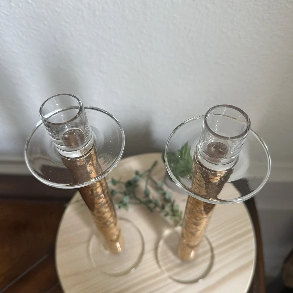 VTG Mid Century Candlestick Holders‎ 11.5 Inch Gold Clear Crackle Glass Decor